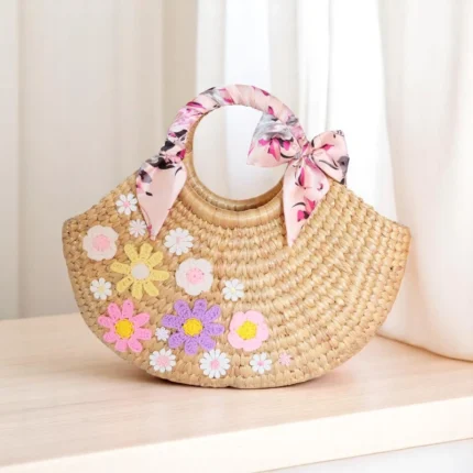 Kanda Women’s Flower-Decorated Straw Tote with pastel embroidery and pink satin bow, handmade in Thailand