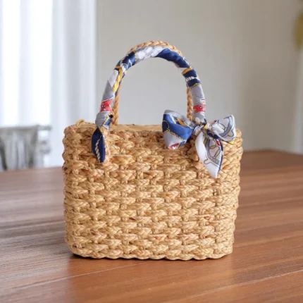 Lawan handwoven straw summer bag with scarf handle and bow