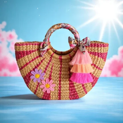 Kamon straw tote with pink weave, tassels, and floral embroidery