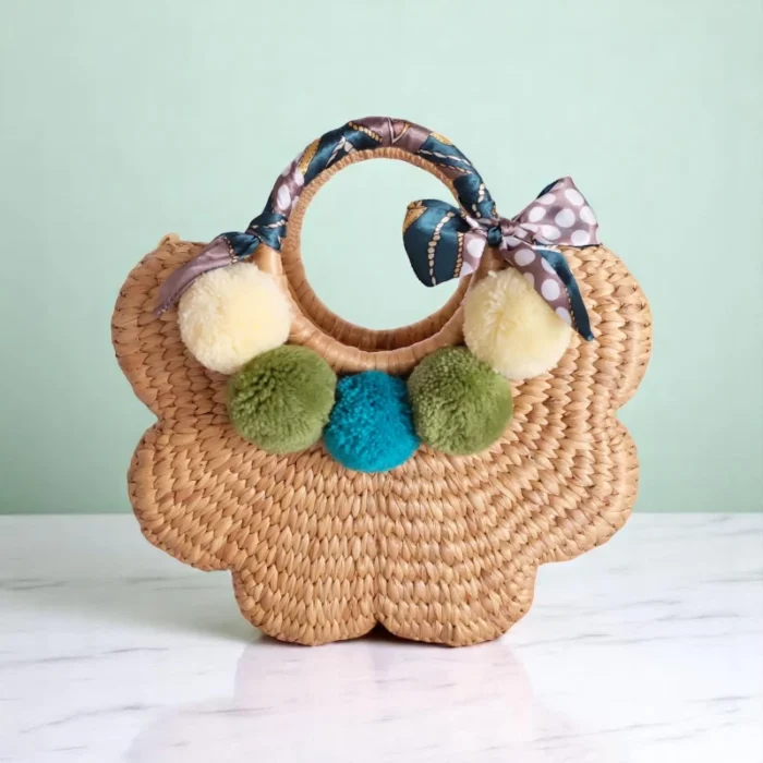 Arun Straw Pom Pom Summer Vacation Bag with round handle and colourful pom poms