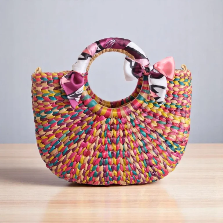 Kanchana Rainbow Straw Handbag – Ethical, Fun & Handmade with silk bow and colourful weave, handcrafted in Thailand