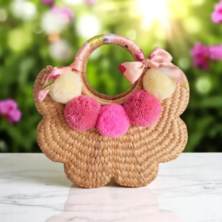 Amporn Handmade Straw Pom Pom Bag with Pink and White Pom-Poms and Floral Handle
