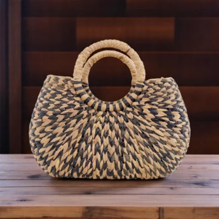 Tanapat Handmade Black and Natural Straw Beach Bag – Thai Woven Artisan Tote