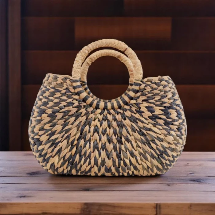 Tanapat Handmade Black and Natural Straw Beach Bag – Thai Woven Artisan Tote