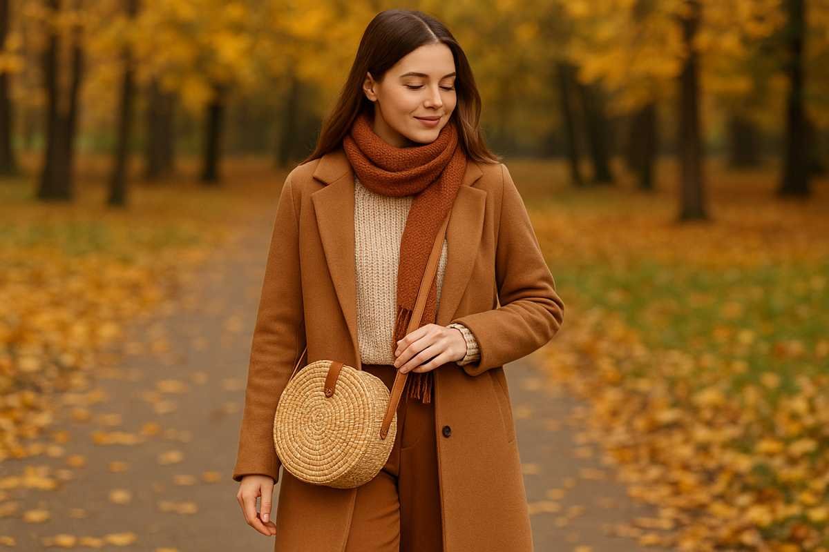 Woman in a brown coat with a round straw bag walking through an autumn park
