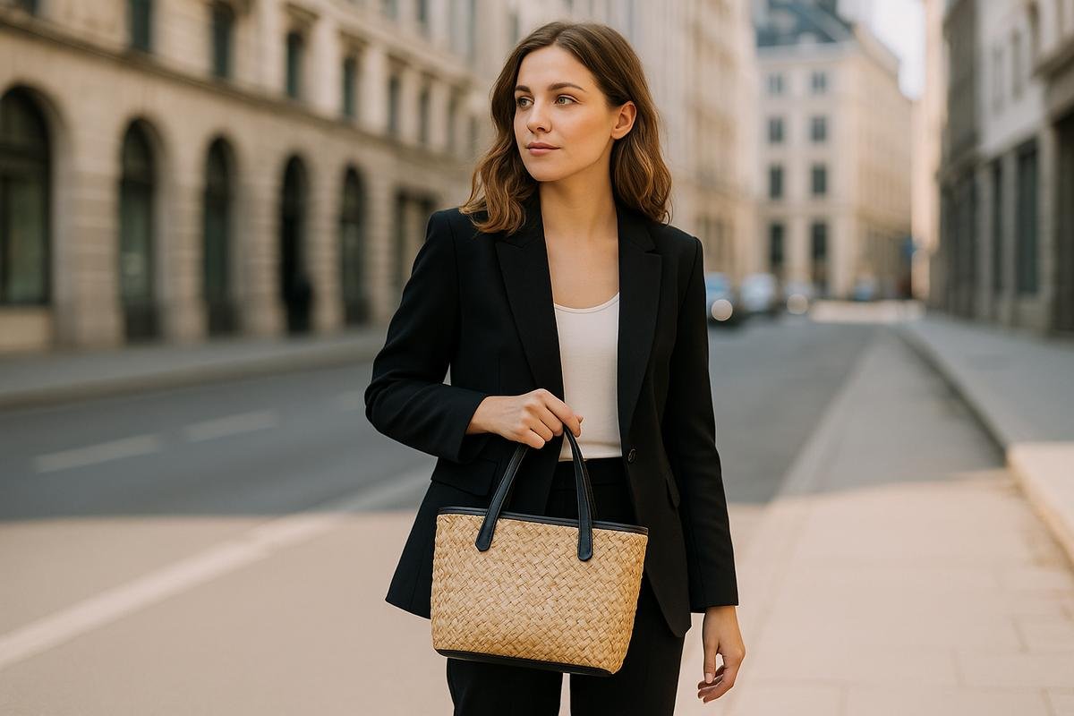 Woman in a black blazer carrying a structured straw handbag on a city street