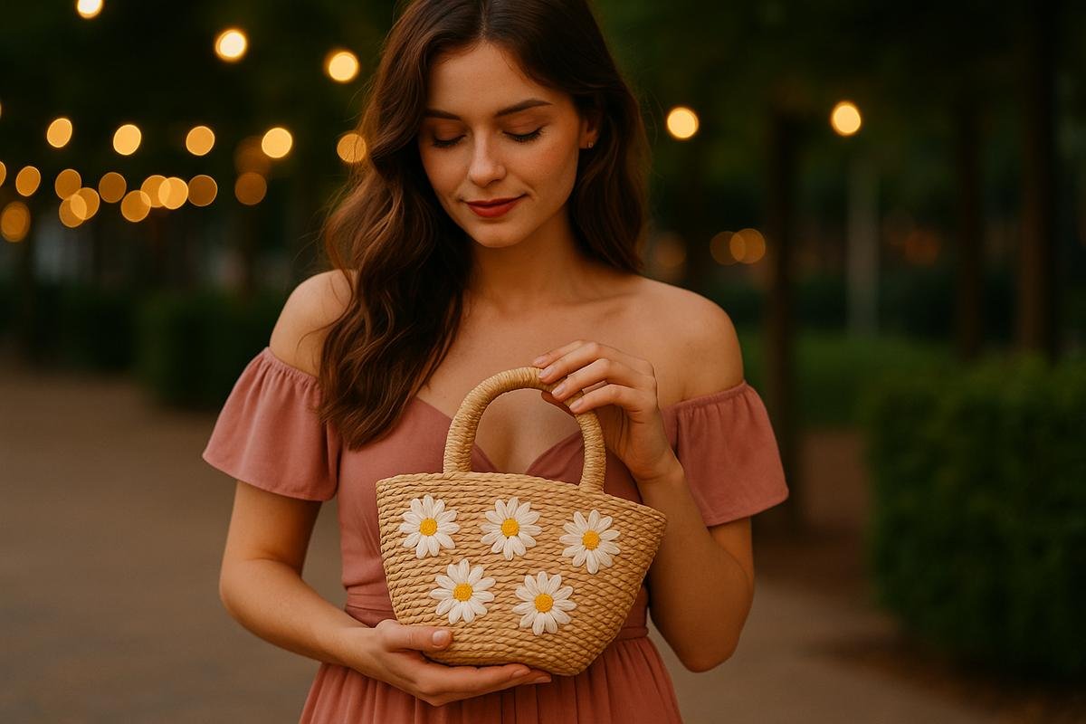 Woman in a rose off-shoulder dress holding a daisy-embroidered straw handbag