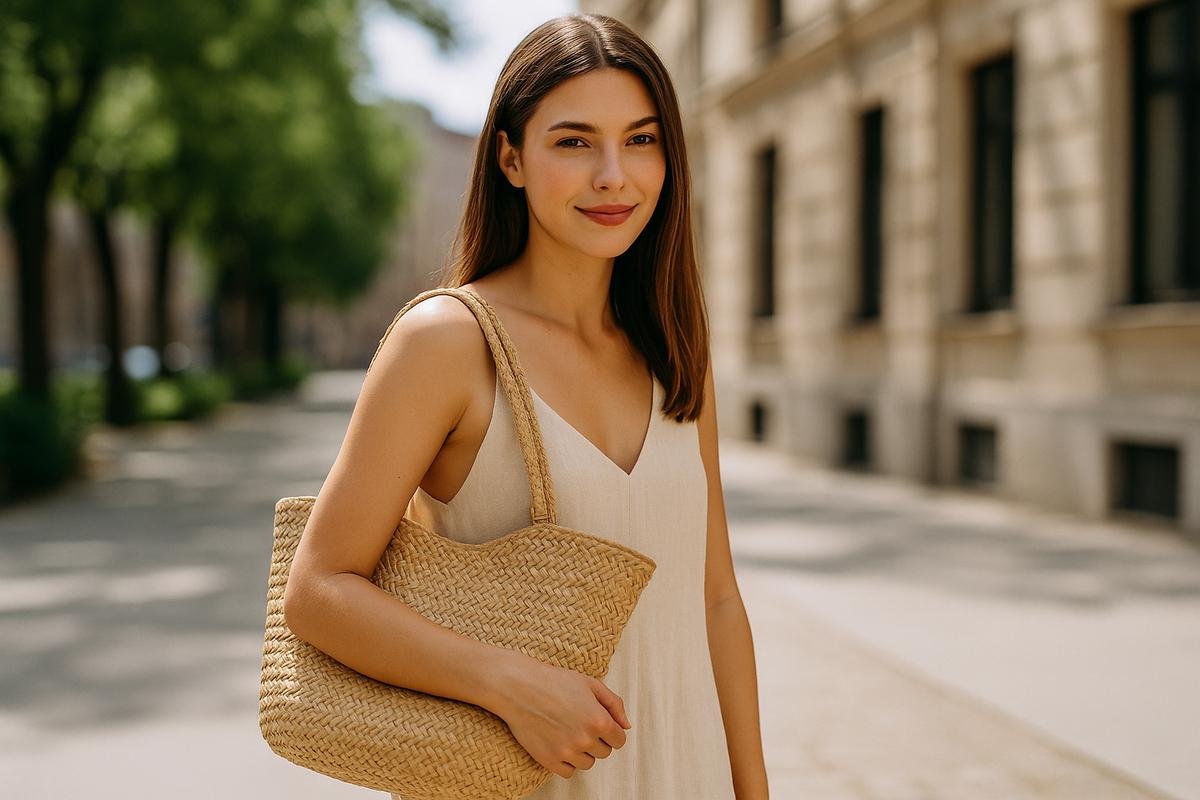 Woman in a cream dress carrying a straw tote on a sunlit European street