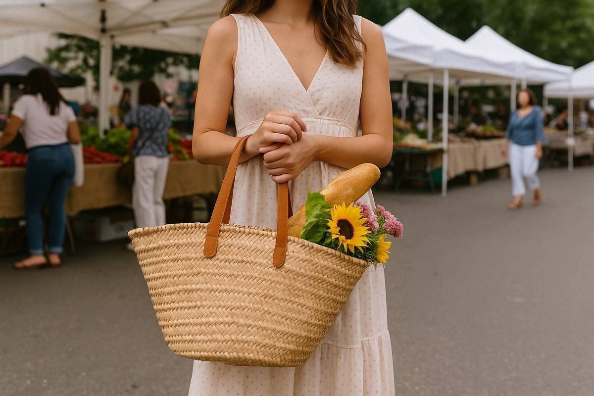 Woman holding a straw tote filled with produce at a farmers' market
