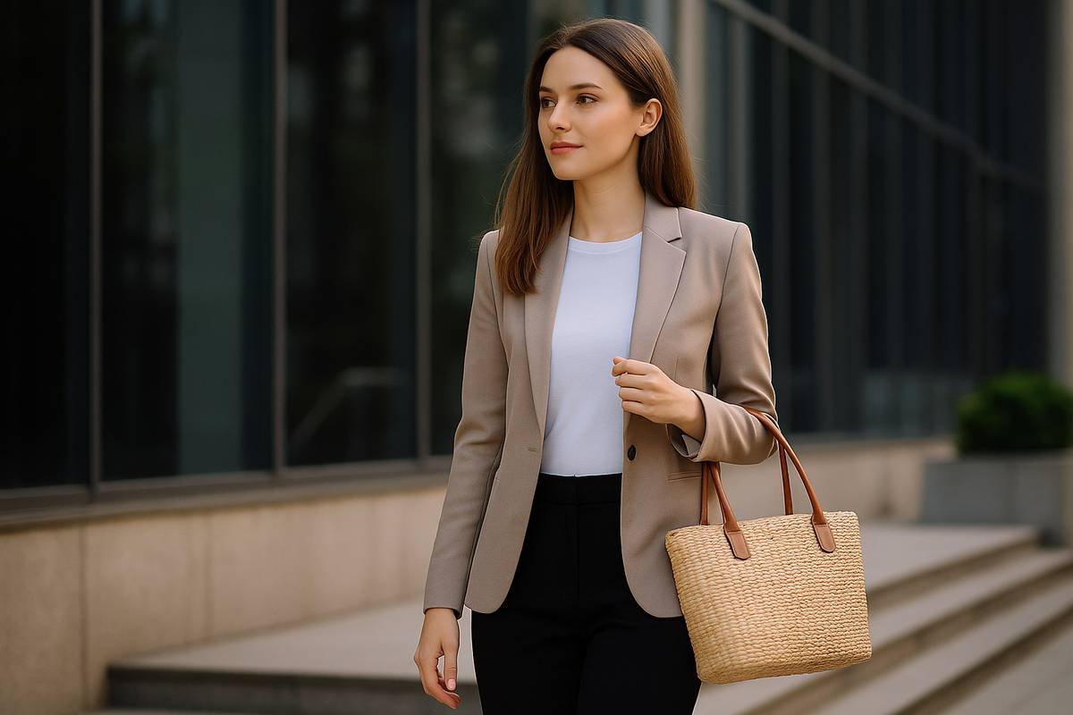 Woman in a beige blazer carrying a straw handbag outside an office building
