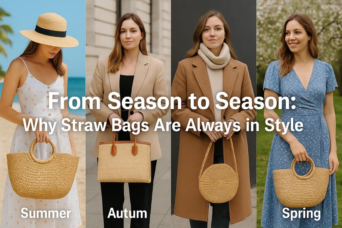 Seasonal collage of four women each carrying a straw bag in spring, summer, autumn, and winter