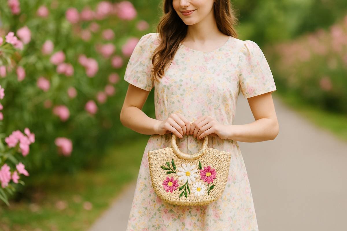 Woman in floral dress holding a straw handbag with embroidered flowers in a blooming garden