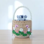 Nangnoi Embroidered Floral Straw Bucket Gift Bag with Beaded Handle