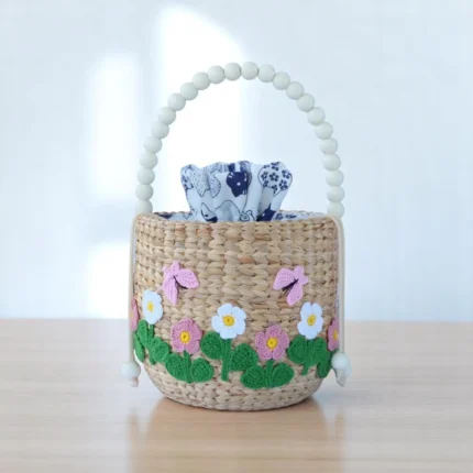 Nangnoi Embroidered Floral Straw Bucket Gift Bag with Beaded Handle