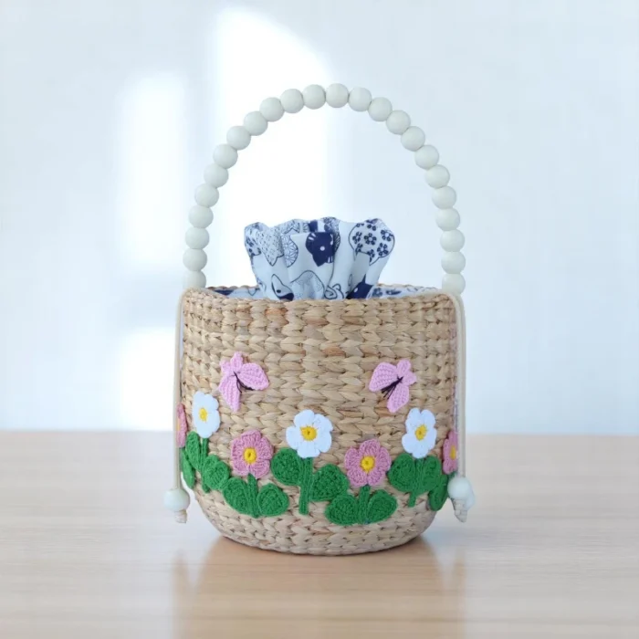 Nangnoi Embroidered Floral Straw Bucket Gift Bag with Beaded Handle