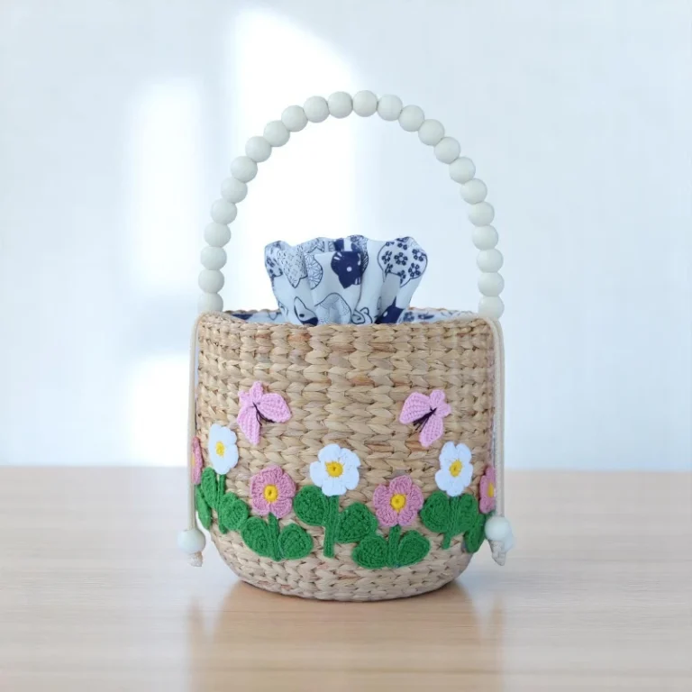 Nangnoi Embroidered Floral Straw Bucket Gift Bag with Beaded Handle