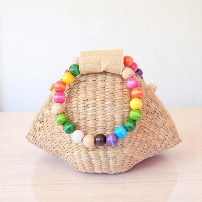 Lalana Heart Shaped Rainbow Bead Straw Bag with Natural Straw and Colourful Wooden Handle
