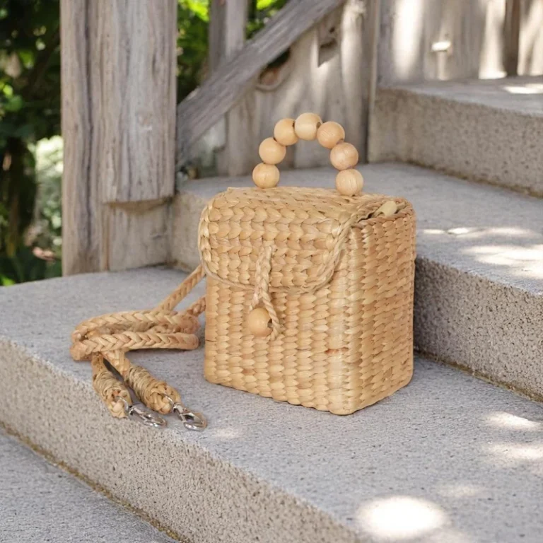 Handmade Juthamas Straw Crossbody Box Bag with Wooden Bead Handle and Custom Colour Options