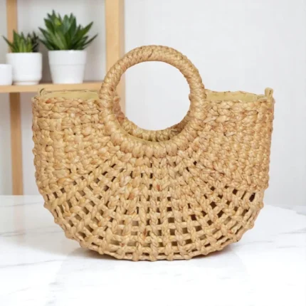 Handwoven Kanokwan Boho Open Weave Straw Bag with Cream Cotton Lining, Sustainable Eco-Friendly Handmade Tote