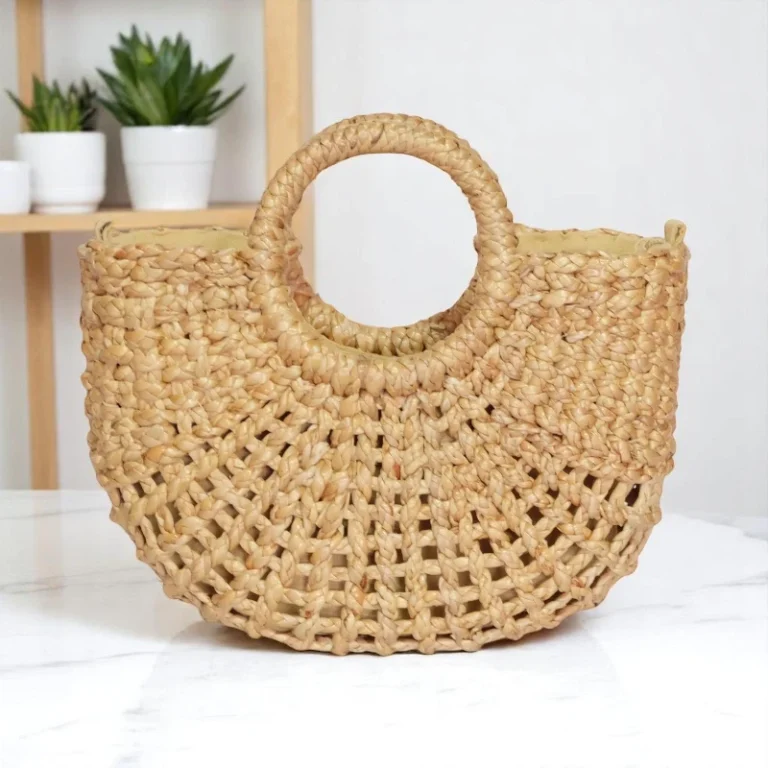 Handwoven Kanokwan Boho Open Weave Straw Bag with Cream Cotton Lining, Sustainable Eco-Friendly Handmade Tote