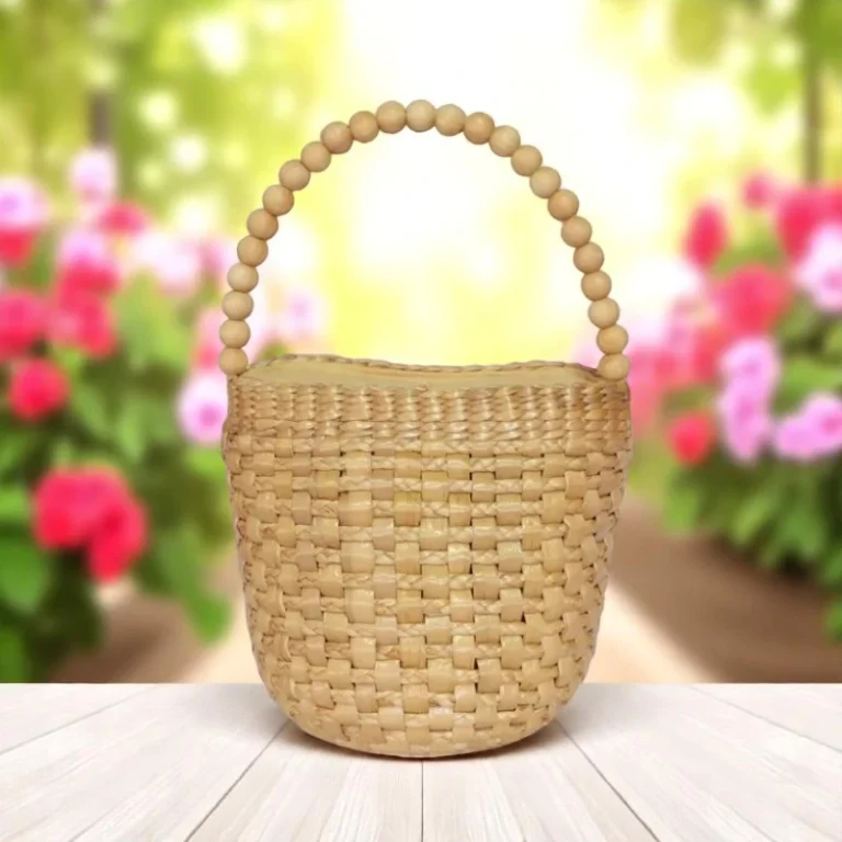 Koh Handwoven Straw Bucket Beaded Handle Bag Crafted from Natural Water Hyacinth