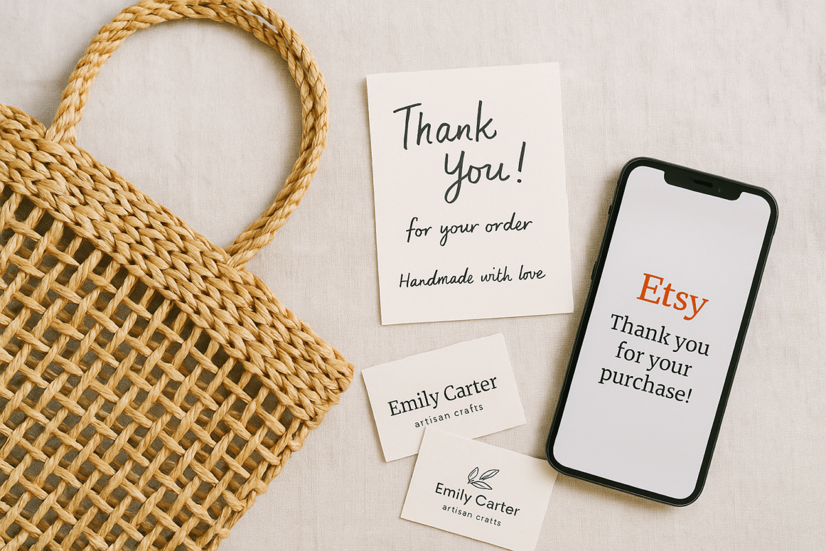 Straw bag with artisan note and Etsy thank-you message