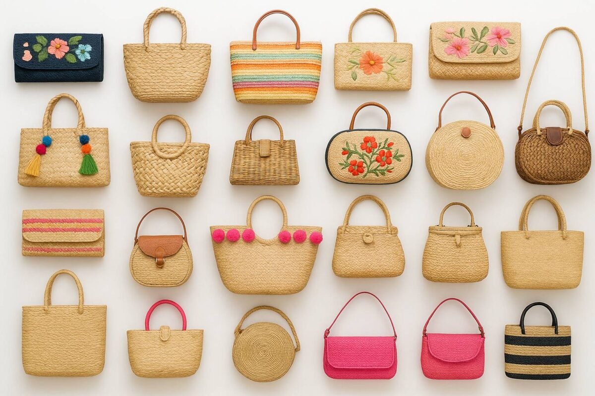 Flat lay of 21 straw bags from different style collections
