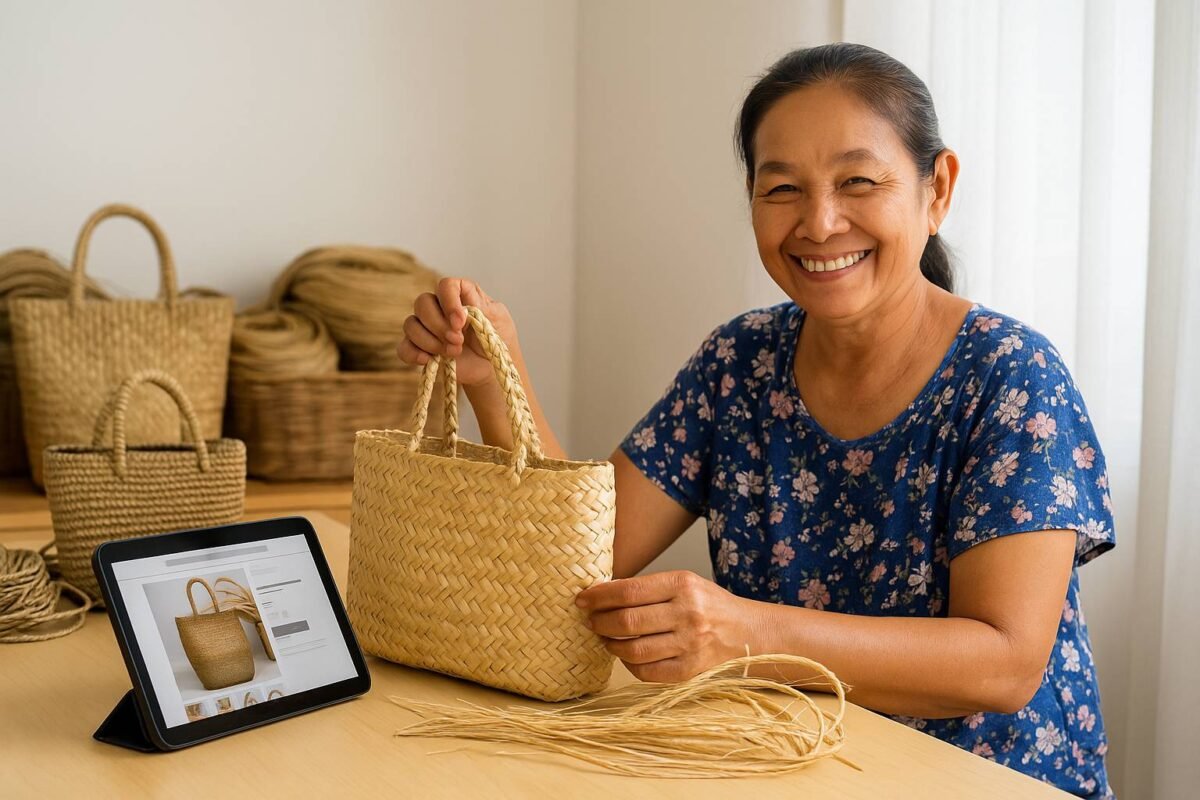 Thai artisan weaving a bag and viewing it online