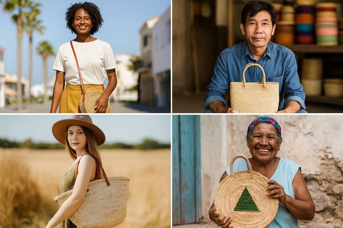 Global artisans showcasing their handmade straw bags