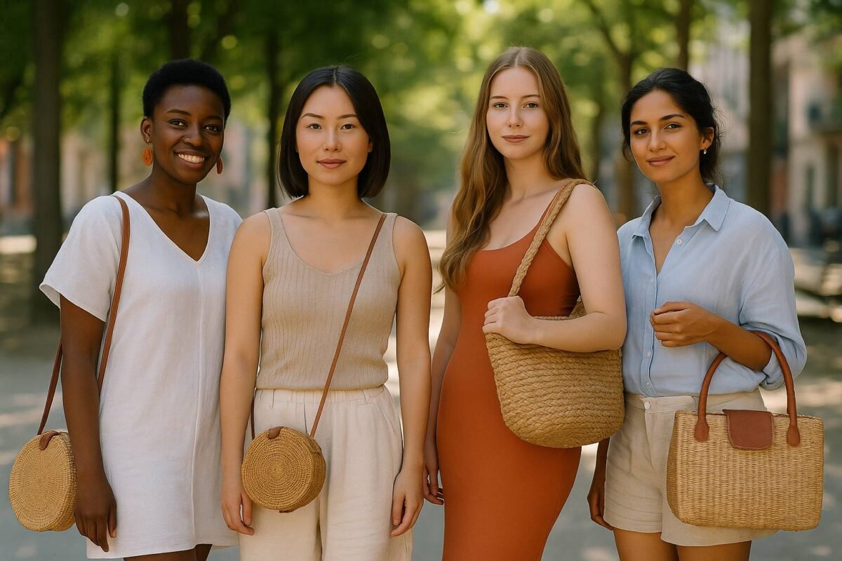 Ethnically diverse women wearing straw bags in various styles