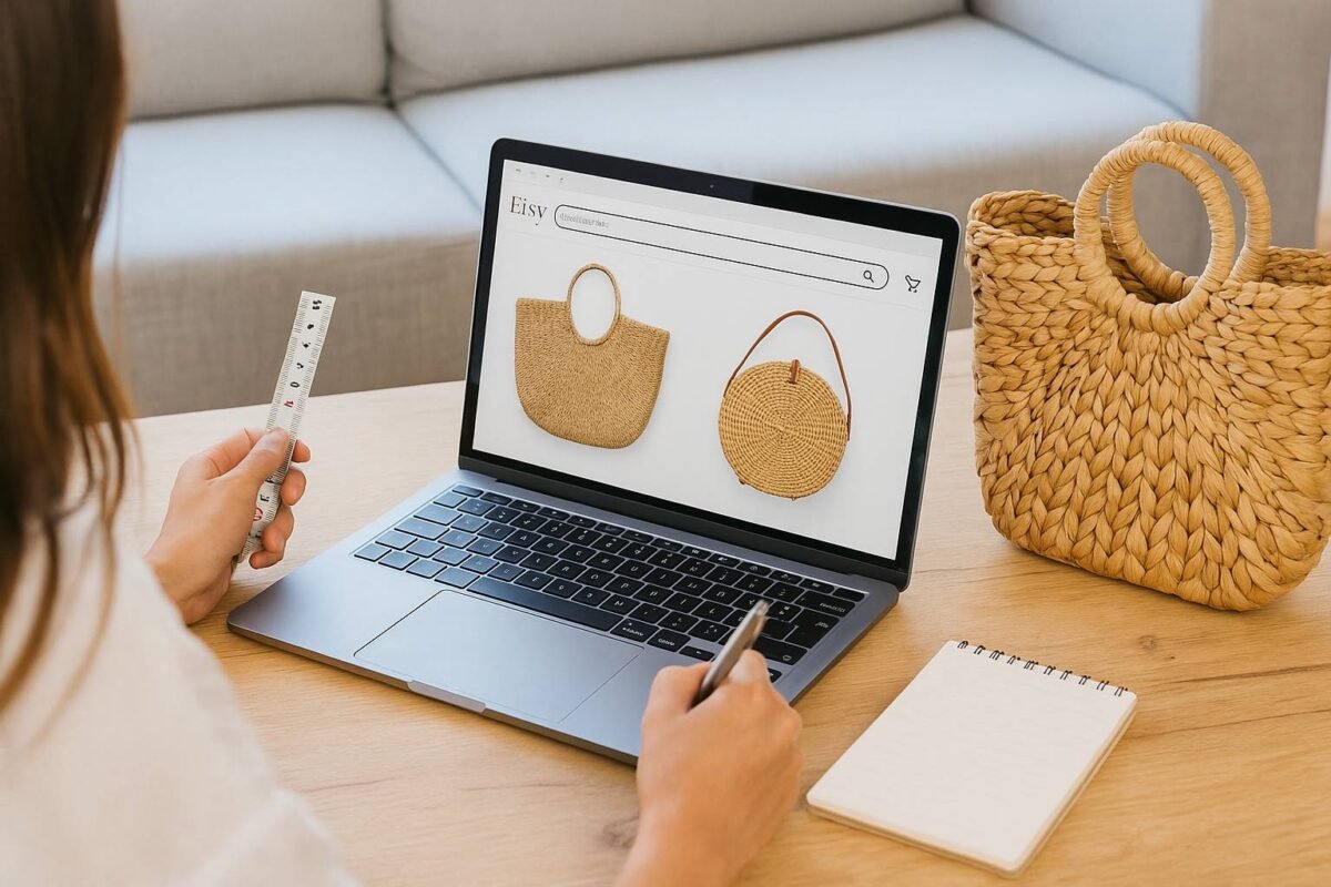 Woman shopping for straw bags on Etsy with tape measure and notes
