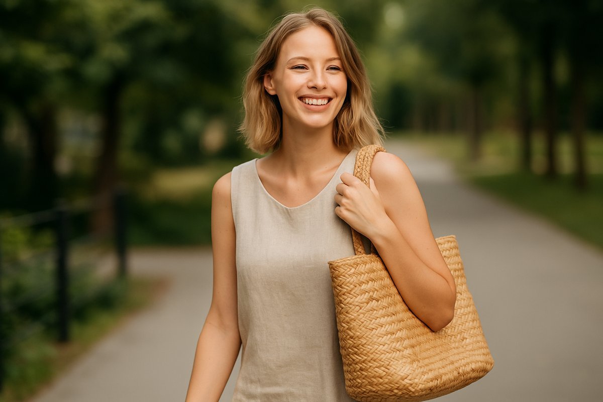 Smiling woman carrying a handmade straw bag outdoors