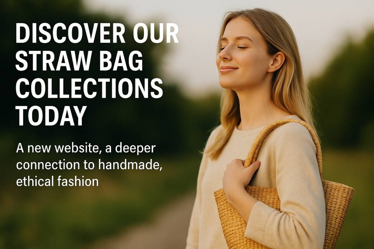 Woman with straw bag reflecting in a natural outdoor setting