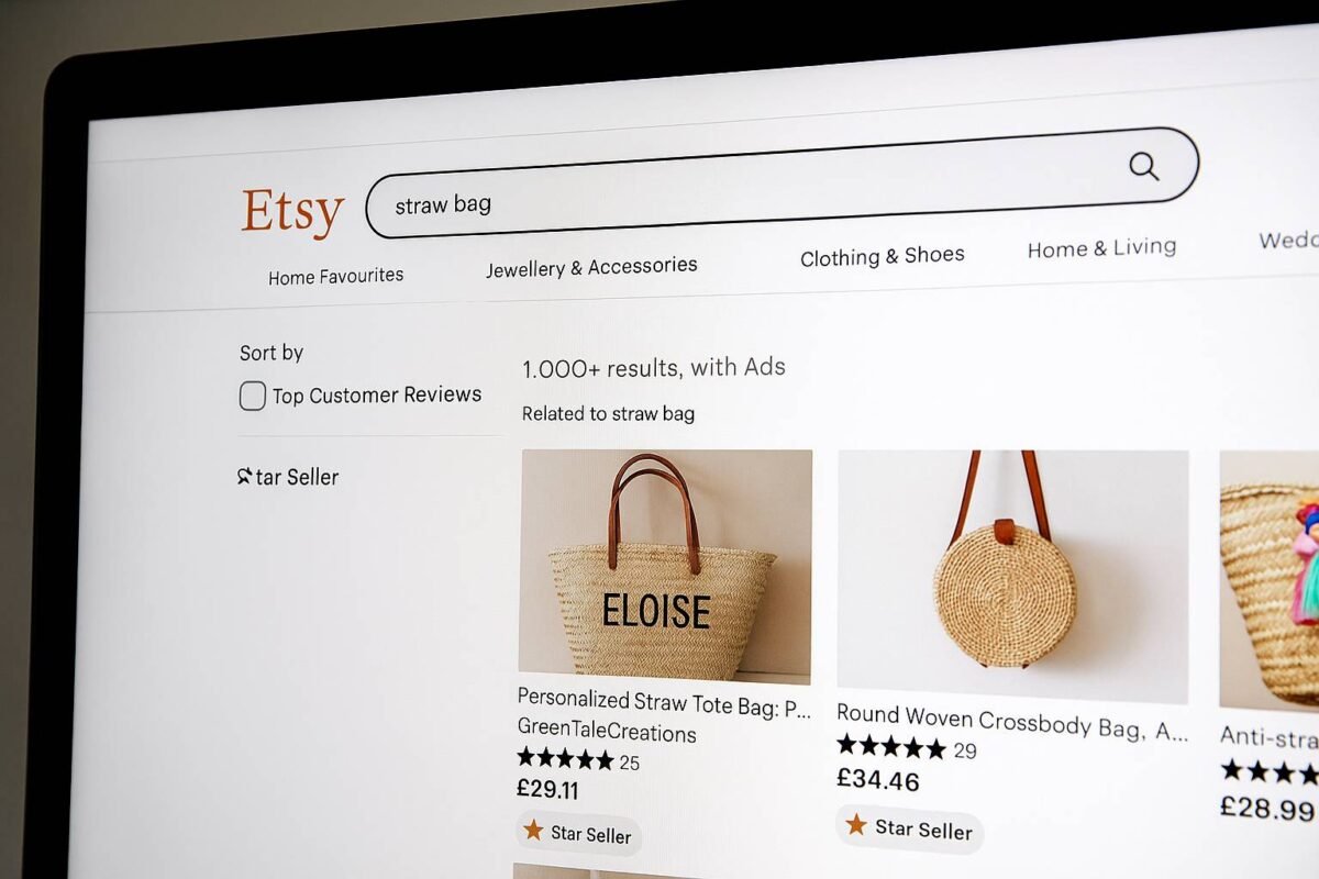 Etsy search results showing top-rated straw bag sellers