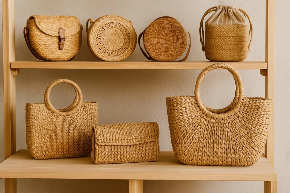 Assorted handcrafted straw bags displayed in natural light
