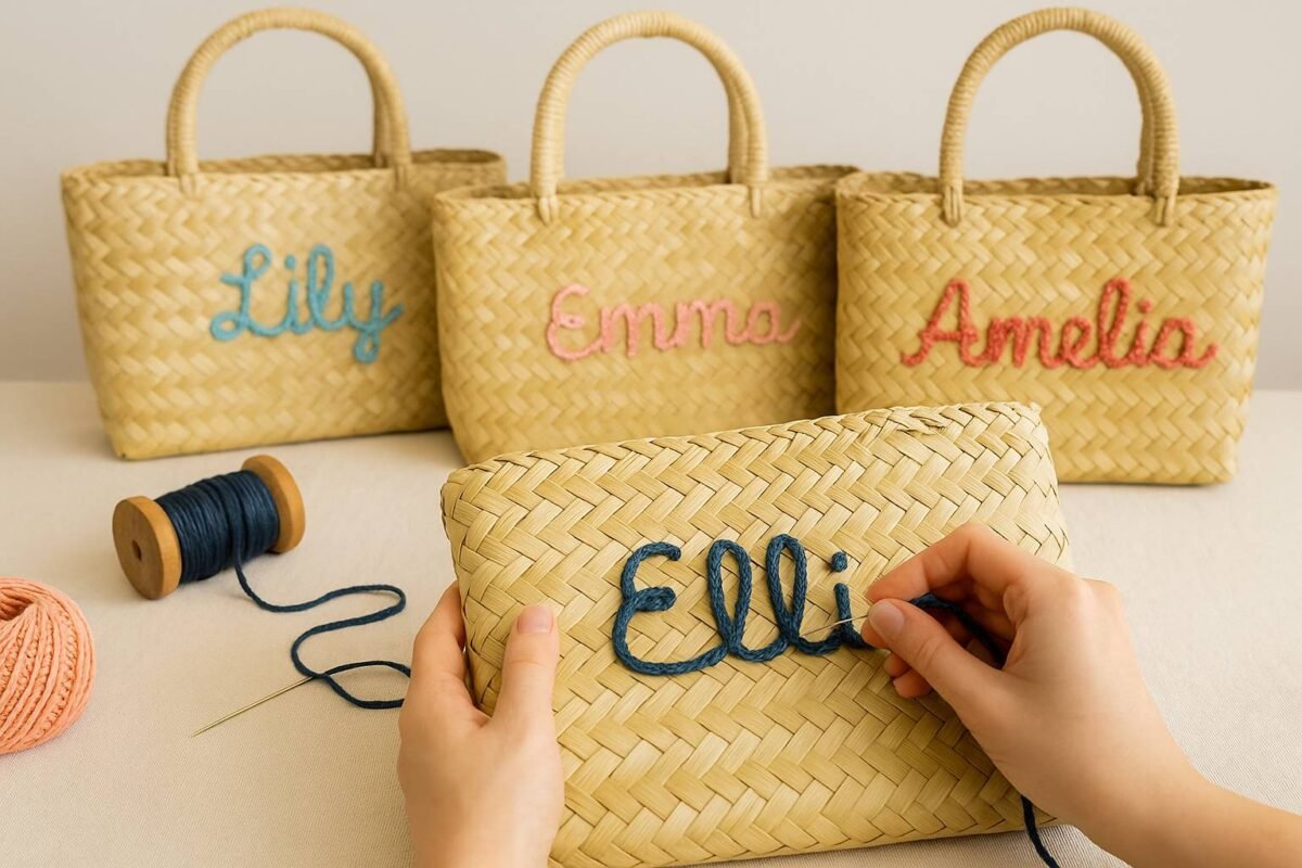 Hand-stitching personalisation onto a straw bag