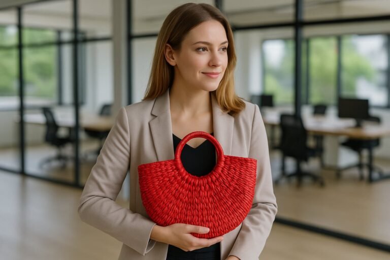 Woman in an office holding a red half-moon straw bag