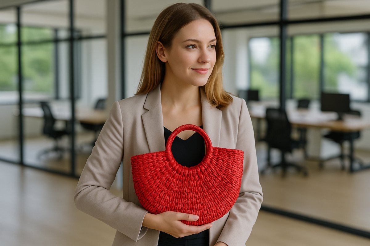 Woman in an office holding a red half-moon straw bag