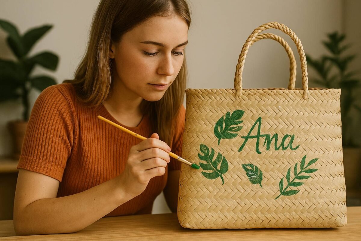 Woman handpainting a seagrass straw bag with floral detail