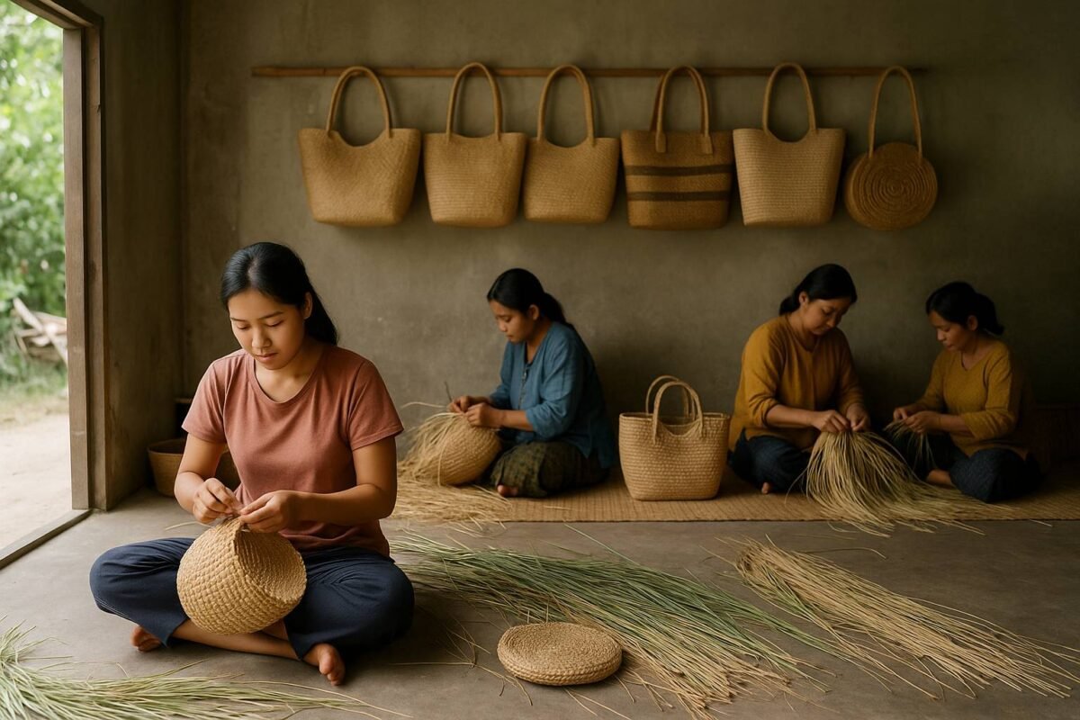 Thai artisans weaving straw bags in a slow fashion studio