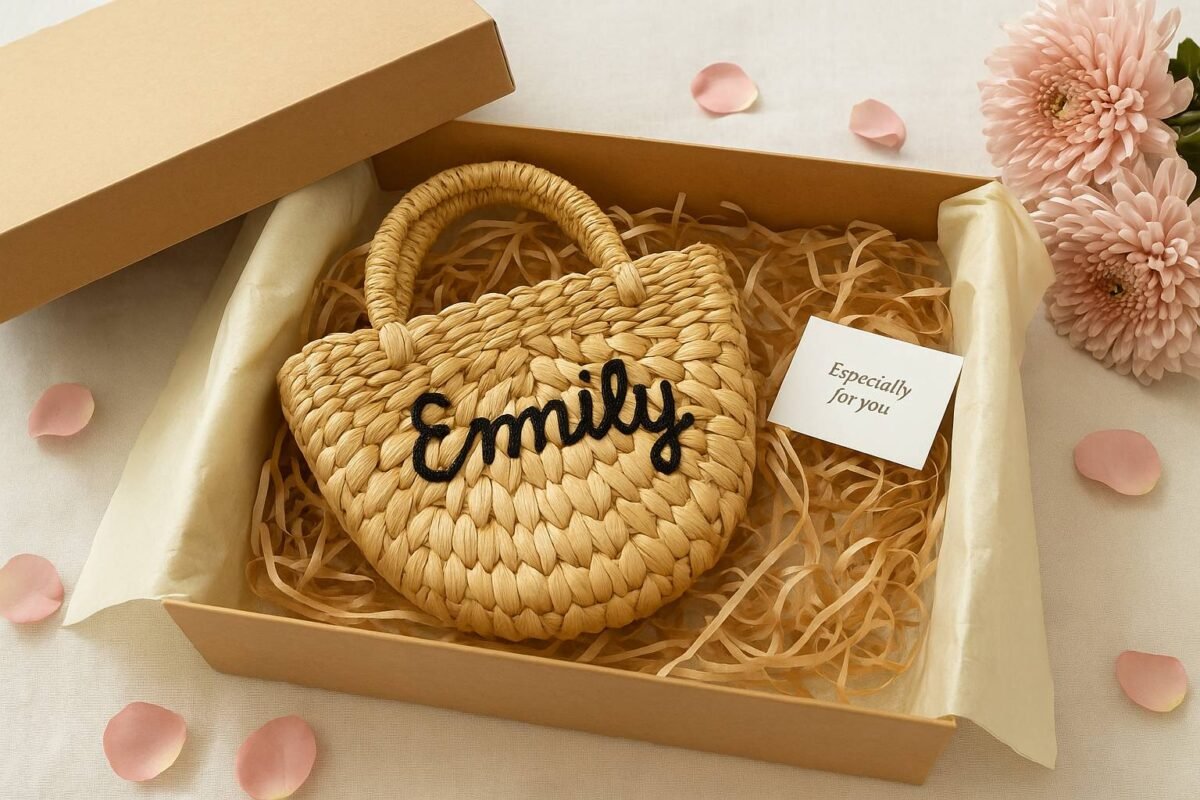 Gift box with a personalised straw bag and floral wrapping
