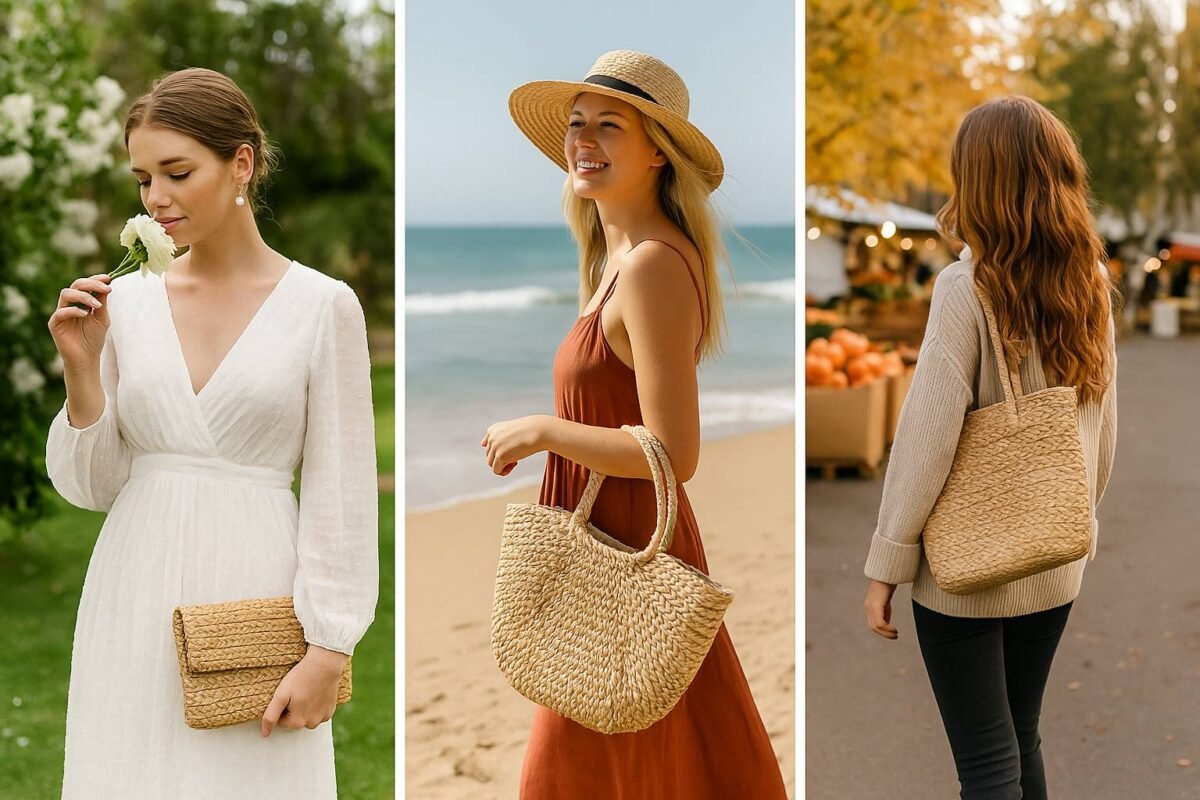 Women in seasonal settings holding straw bags
