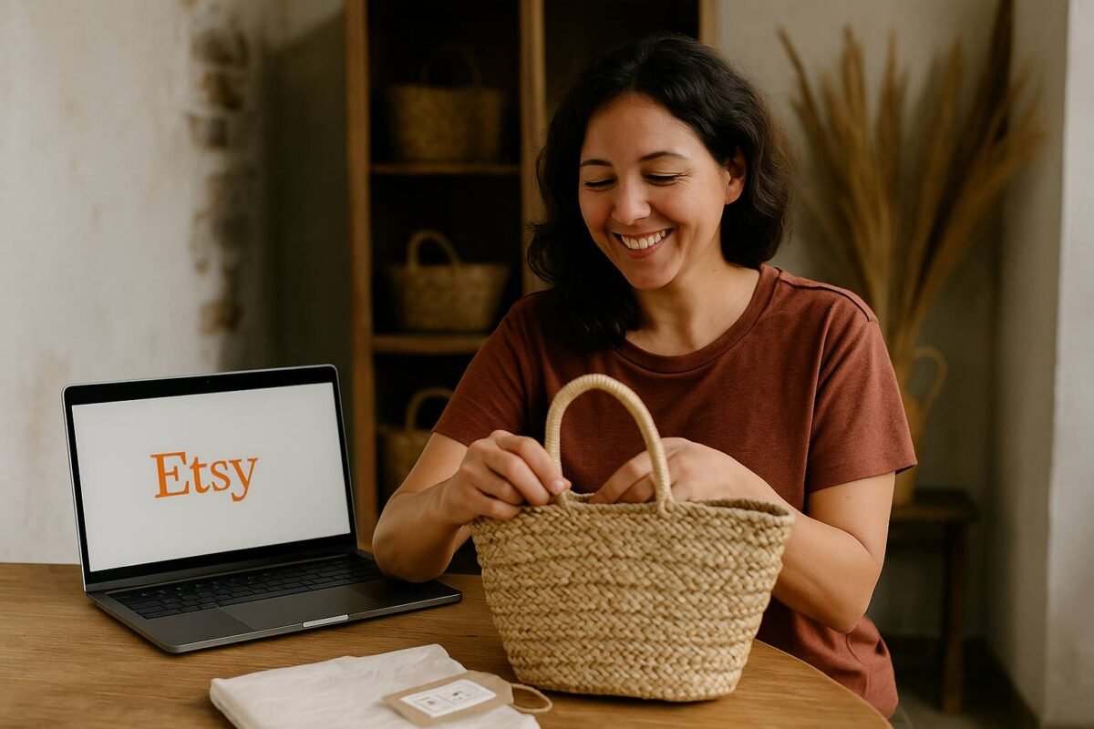 Artisan weaving straw bag beside Etsy order screen
