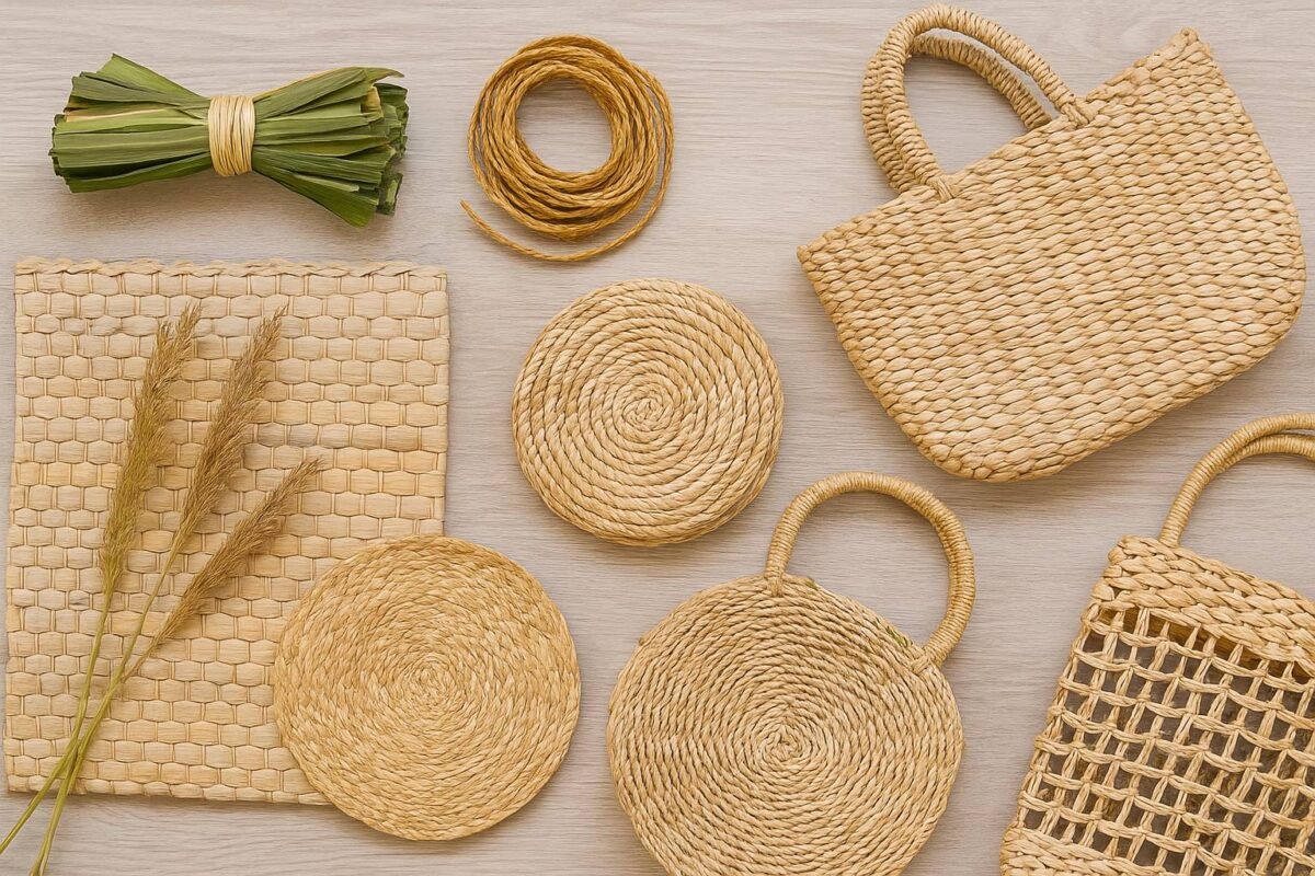 Natural materials used in Thai straw bags including seagrass and raffia