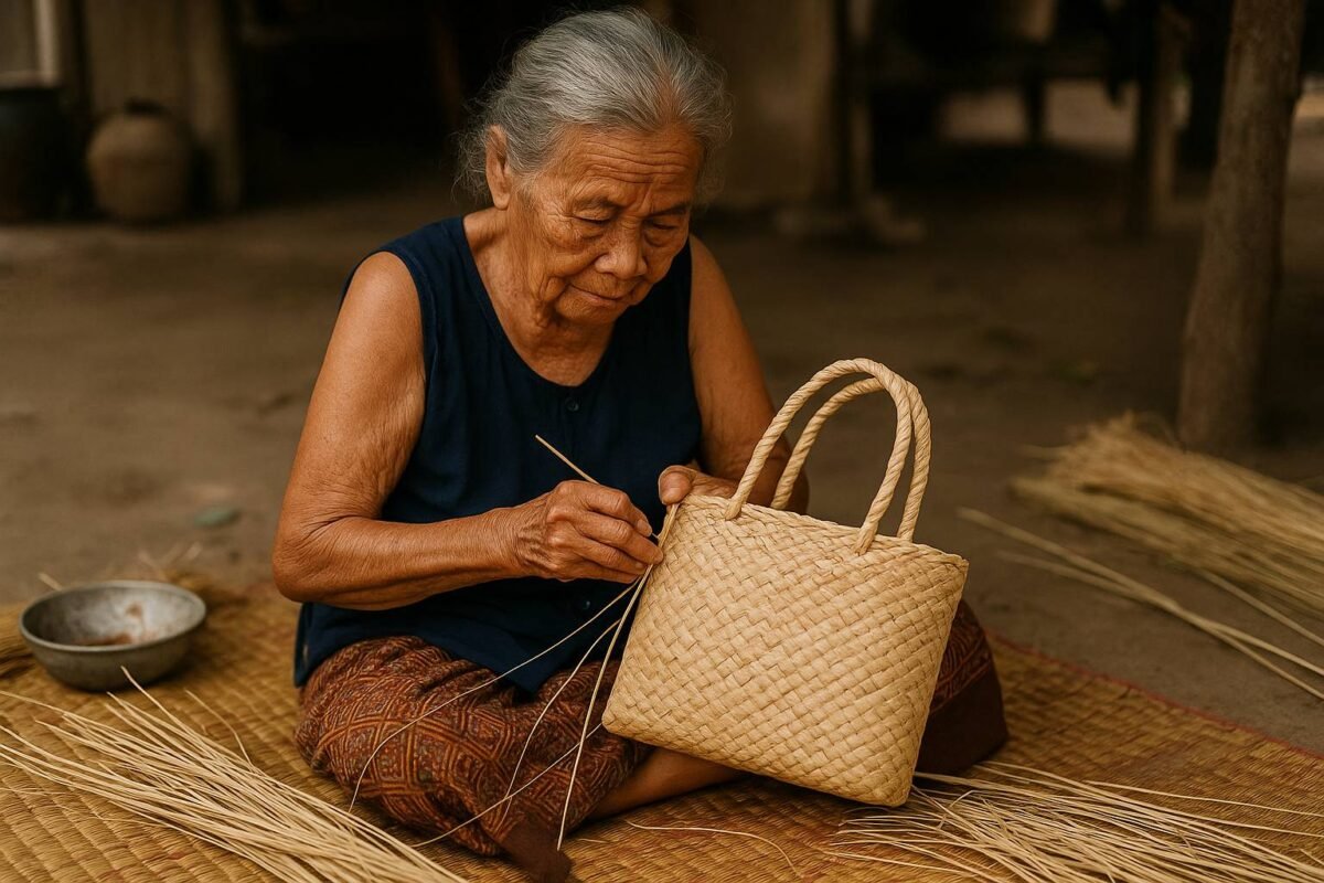 Thai artisan handweaving a straw bag in rural village