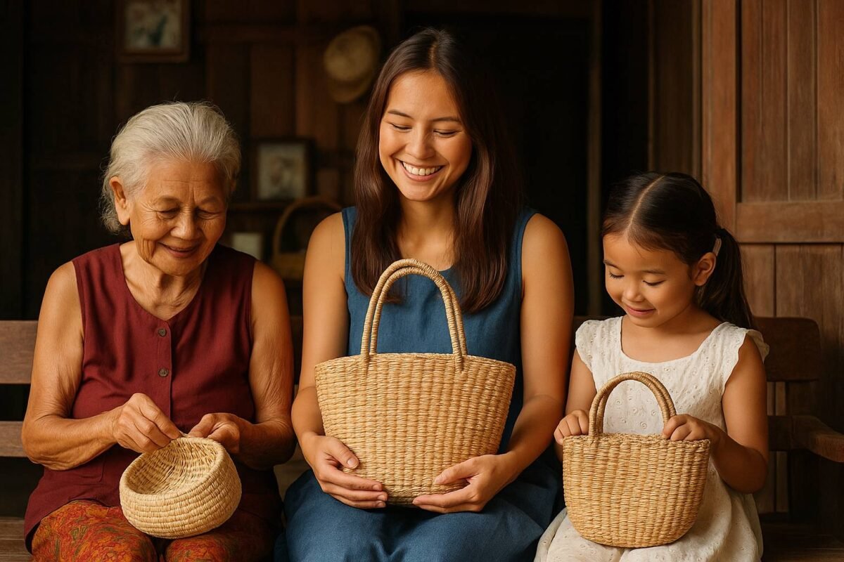 Three generations of Thai women weaving and holding straw bags