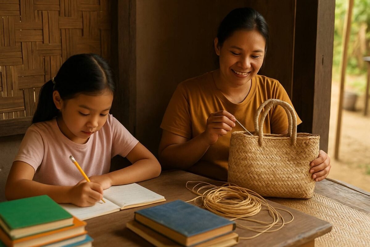 Thai artisan weaving while her child studies beside her