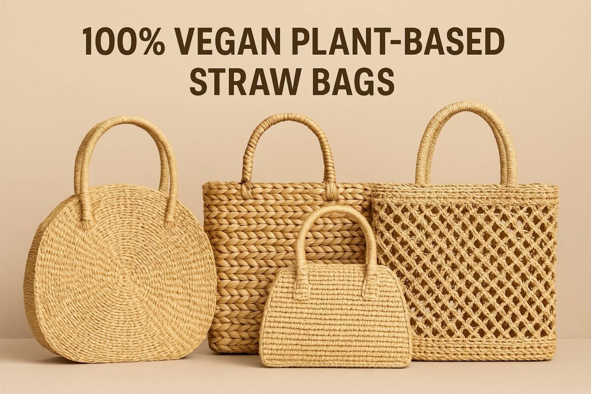 Four handcrafted vegan straw bags made from natural plant fibres