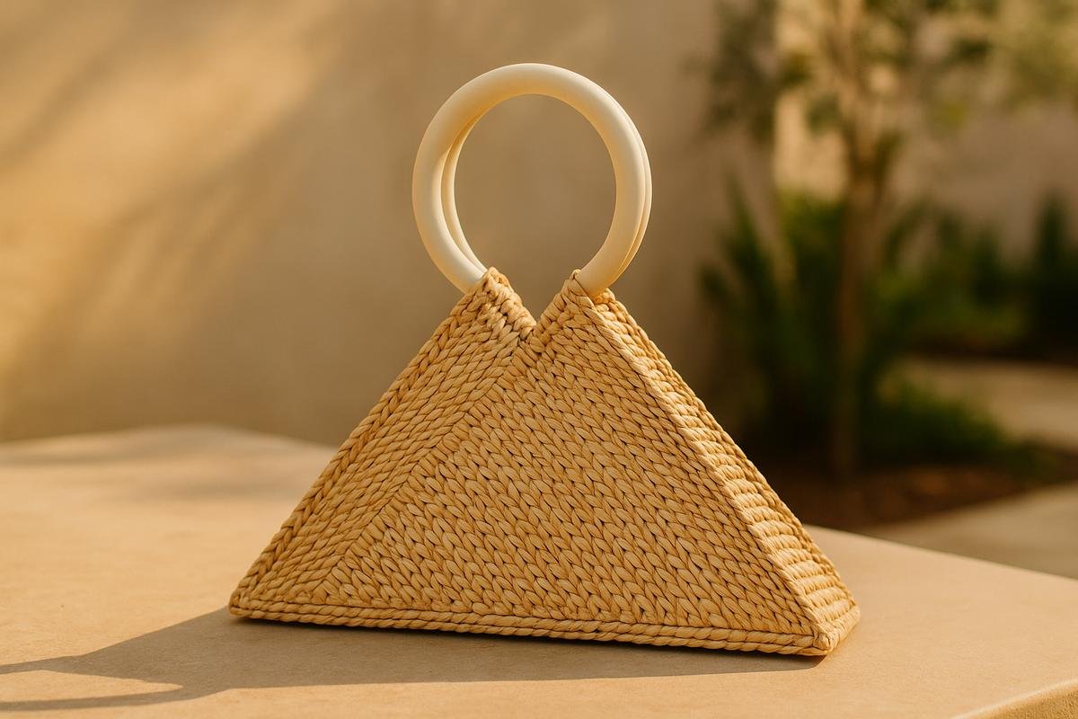 Triangular woven straw handbag with white circular handles, placed on a stone table in sunlight