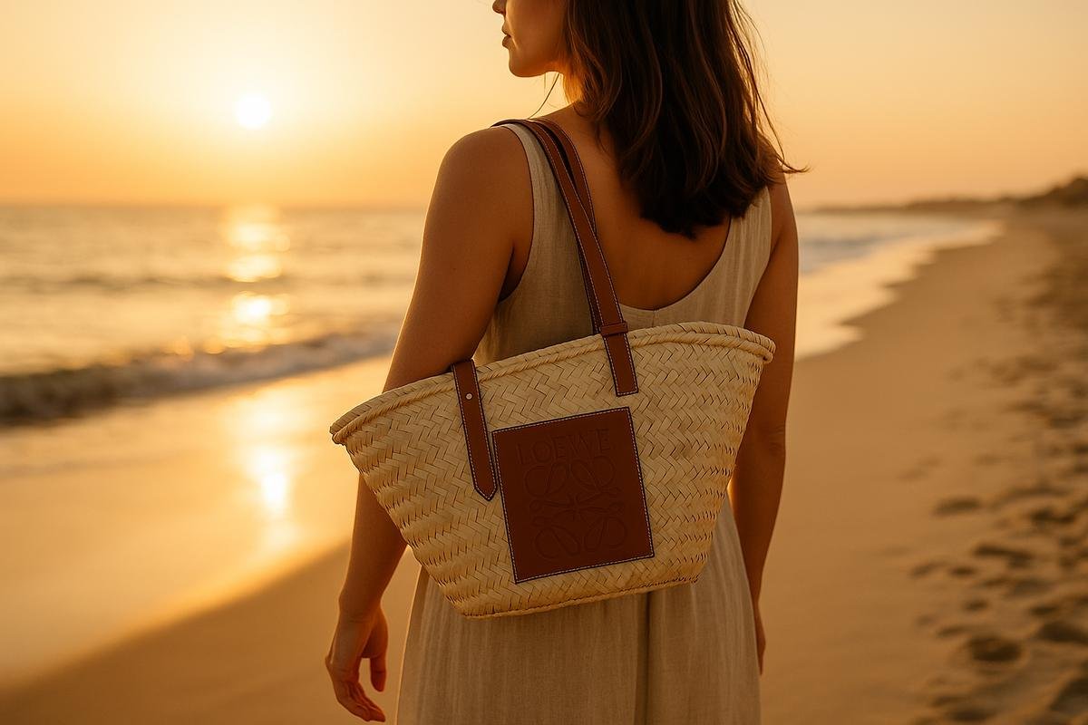 Woman in a neutral outfit carrying a Prada raffia designer bag past a luxury storefront